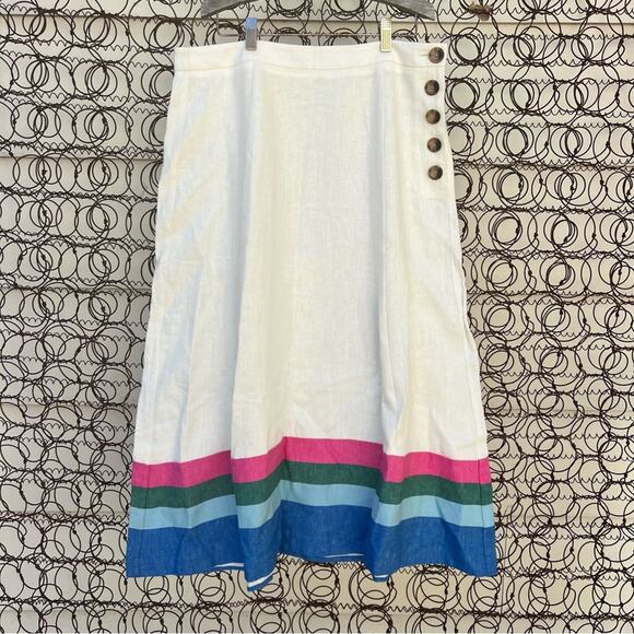 Boden Linen Blend Stripe Hem Midi Skirt Button Side Size 10 - Picture 1 of 9